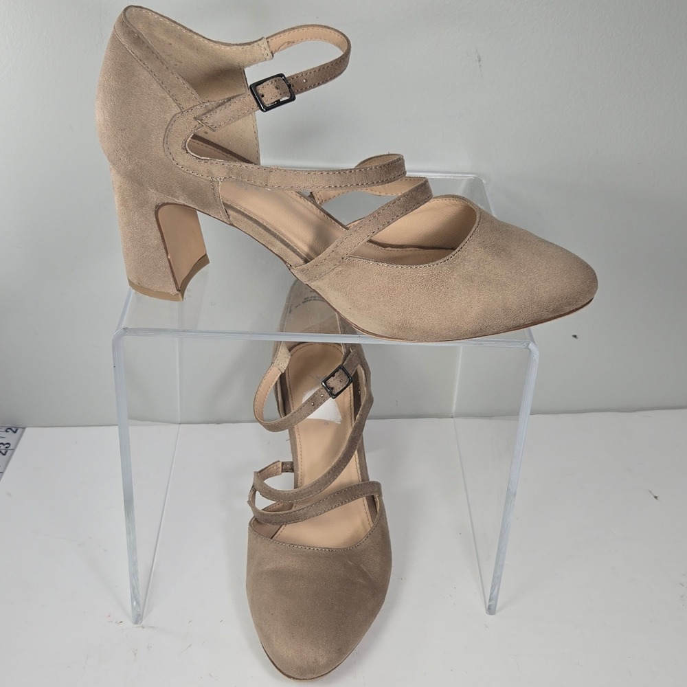 Xappeal Kellann Tan Faux Suede Block Heel Strappy Pumps Womens 8.5 108167